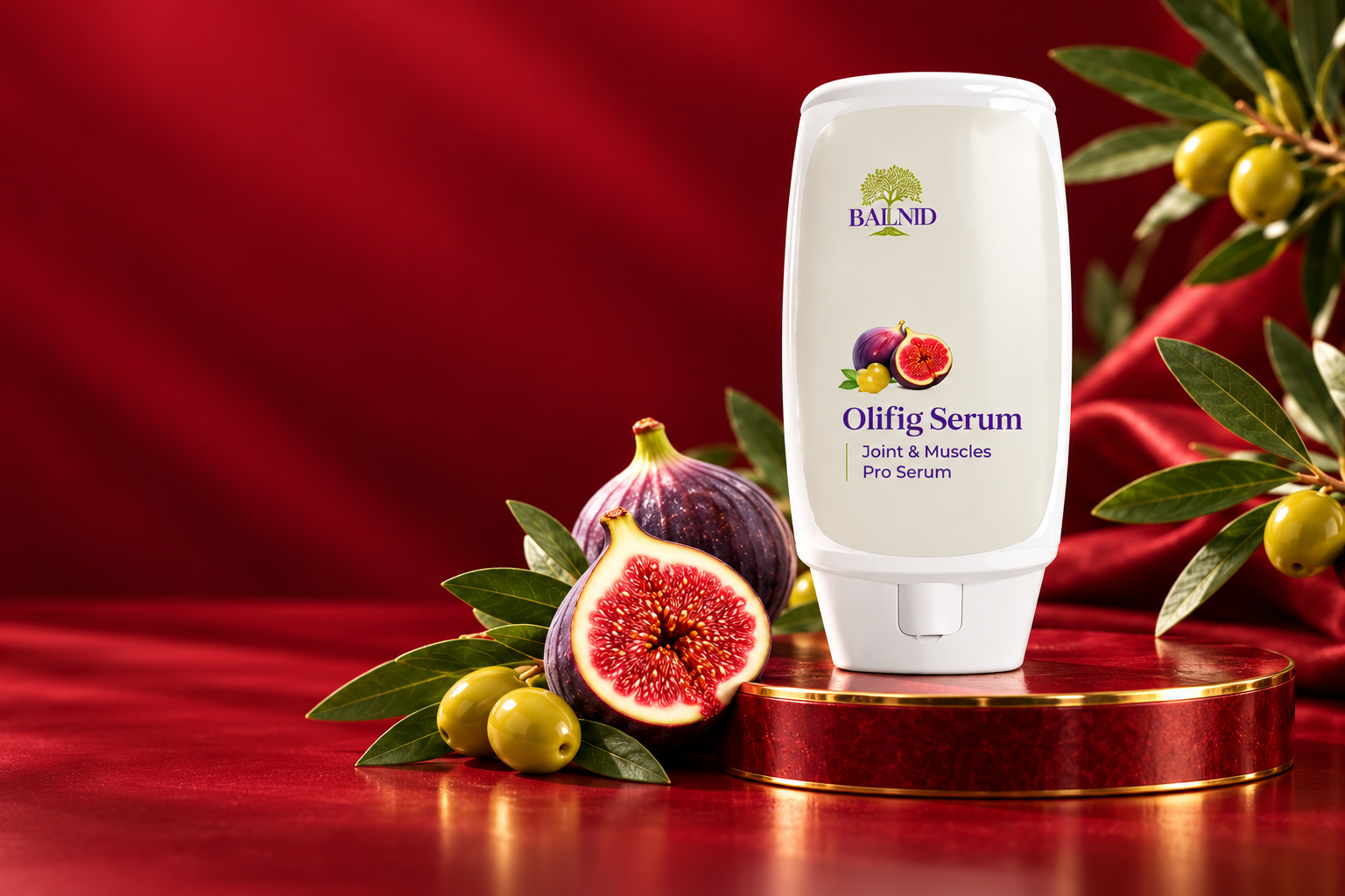 Botol Olifig Serum 120 ml dengan latar merah dan aksen emas