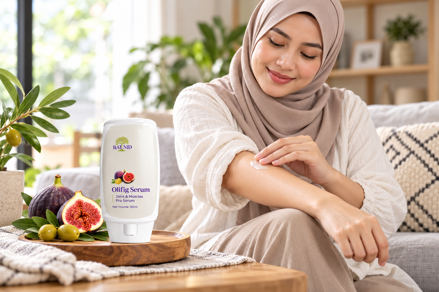 Seorang wanita menyapu serum nipis pada lengan dengan botol Olifig Serum 120 ml di sisi