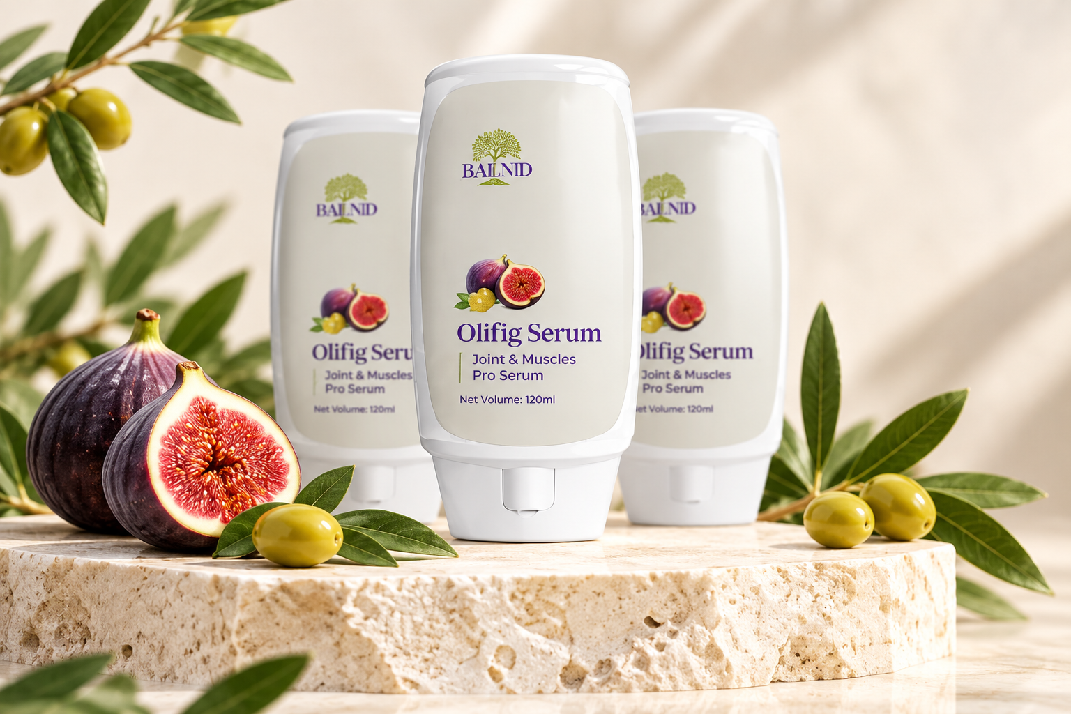Botol Olifig Serum 120 ml dipaparkan bersama buah tin dan daun zaitun